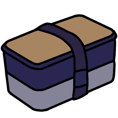  A two-tier lunchbox secured by a navy blue strap. it has a grey lower tier, nnavy blue upper tier, and a light brown lid.